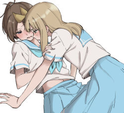 2girls blue_neckerchief blue_sailor_collar blue_skirt blush brown_hair commentary ear_blush green_eyes hibike!_euphonium highres kitauji_high_school_uniform liz_to_aoi_tori medium_hair midriff multiple_girls nakagawa_natsuki navel neckerchief open_mouth pleated_skirt ponytail purple_eyes sailor_collar school_uniform serafuku shirt short_sleeves sidelocks simple_background skirt sweat syonosuke9573 white_background white_shirt yoshikawa_yuuko yuri