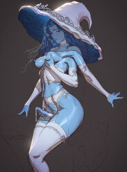 1girl blue_hair blue_skin breasts colored_skin elden_ring erection extra_arms futanari garter_belt hat highres long_hair ranni_the_witch solo tarakanovich thighhighs white_hat white_thighhighs witch_hat