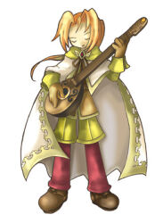 1boy 2000s_(style) artist_request bad_id bard_(ragnarok_online) blonde_hair boots brown_boots brown_shirt cape closed_eyes full_body guitar holding holding_instrument instrument long_hair lowres male_focus official_art open_mouth pants ragnarok_online red_pants shirt shorts simple_background smile solo standing white_background white_cape yellow_shorts