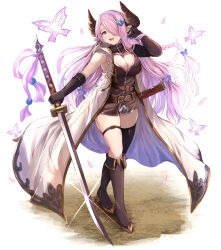 1girl :d asymmetrical_gloves bare_shoulders belt black_gloves black_thighhighs blue_eyes boots braid breasts brown_belt bug butterfly cleavage coat commentary_request draph gloves granblue_fantasy hair_ornament hair_over_one_eye holding holding_sword holding_weapon horns insect kanzaki_kureha knee_boots large_breasts long_hair looking_at_viewer narmaya_(granblue_fantasy) open_mouth pink_hair pointy_ears scabbard sheath single_thighhigh sleeveless sleeveless_coat smile solo sword thigh_strap thighhighs uneven_gloves very_long_hair weapon white_coat