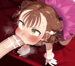 1boy 1girl absurdres all_fours bar_censor brown_hair censored commentary_request cone_hair_bun double_bun dress fellatio gloves hair_bun heart heart-shaped_pupils hetero highres loli medalist_(manga) miketa_ryouka mizumizuni oral penis pink_dress short_hair sweat symbol-shaped_pupils white_gloves yellow_eyes