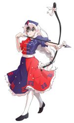 1girl arrow_(projectile) black_shoes blue_dress blue_hat bow bow_(weapon) braid breasts collared_dress commentary_request constellation_print cross cross_print curtained_hair dairi drawing_bow dress flats floating_hair full_body grey_eyes hair_tie half-closed_eyes hand_up hat highres holding holding_arrow holding_bow_(weapon) holding_weapon large_breasts large_variant_set long_hair looking_at_object multicolored_dress no_nose nurse_cap outstretched_arm pantyhose parted_lips print_dress puffy_short_sleeves puffy_sleeves red_cross red_dress shaded_face shoes short_sleeves sidelocks simple_background single_braid smile solo standing tachi-e tiptoes touhou transparent_background variant_set very_long_hair weapon white_bow white_hair white_pantyhose white_petticoat yagokoro_eirin