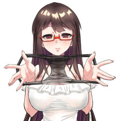 Rule 34 | 1girl, black panties, breasts, brown eyes, brown hair, cleavage, dorothy (princess principal), holding, holding unworn clothes, holding panties, holding underwear, holding unworn clothes, large breasts, looking at viewer, panties, presenting removed panties, princess principal, qzo (akai kitsune), red-framed eyewear, simple background, solo, underwear, upper body, white background