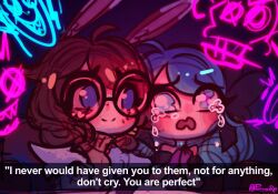 2girls ahoge animal_ears arcane:_league_of_legends aurora_(league_of_legends) bare_shoulders black_bow bow brown_hair crying english_text glasses gwen_(league_of_legends) hair_bow league_of_legends multiple_girls poposhirat rabbit_ears rabbit_girl round_eyewear smile tears twintails upper_body