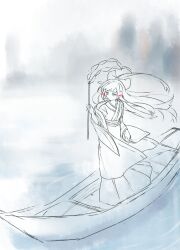 Rule 34 | 1girl, alternate costume, boat, bow, chinese commentary, closed mouth, commentary request, expressionless, gohei, hair bow, hair ribbon, hakurei reimu, highres, holding, holding gohei, japanese clothes, karaqia, kimono, long hair, long sleeves, mixed-language commentary, on boat, red ribbon, ribbon, skirt, solo, touhou, very long hair, watercraft, wide sleeves