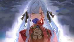 1girl absurdres bang_dream! bang_dream!_it&#039;s_mygo!!!!! blue_brooch blue_flower blue_hair blue_rose commentary dated fire flower hair_ribbon hashtag-only_commentary highres holding holding_flower lingjiu_yuki long_hair oblivionis_(bang_dream!) red_flower red_rose red_shirt ribbon rose shirt sidelocks solo togawa_sakiko upper_body yellow_eyes