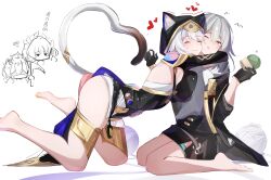 4girls absurdres aglaea_(honkai:_star_rail) animal_ear_fluff animal_ears animal_hood barefoot black_coat black_gloves black_leotard black_skirt breast_press breasts castorice_(honkai:_star_rail) cat_ears cat_girl cat_hood cat_tail cipher_(honkai:_star_rail) coat commentary_request feet gloves grey_hair heart heart_tail highres holding holding_scythe honkai:_star_rail honkai_(series) hood hug large_breasts leotard multiple_girls nail_polish scythe shirt simple_background skirt smile stelle_(honkai:_star_rail) tail thigh_strap thighs toenail_polish toenails trailblazer_(honkai:_star_rail) translation_request voi_271 white_background yarn yarn_ball yellow_eyes