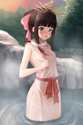 1girl absurdres blush breasts brown_hair green_eyes highres hime_cut japanese_clothes kariginu nige_jouzu_no_wakagimi nipples onsen outdoors red_sash sash shizuku_(nige_jouzu_no_wakagimi) sidelocks sky small_breasts solo tiara tomioka_(r2czw) tree