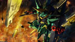 absurdres battle bawoo beam_cannon beam_rifle cable company_name copyright_notice debris emblem energy_gun explosion gundam gundam_battle_operation_2 highres holding holding_weapon machinery mecha mecha_focus mobile_suit moon_gundam neo_zeon psyco_bawoo realistic robot roundel science_fiction shield solo space sunrise_(company) tenjin_hidetaka weapon