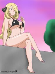 1girl absurdres artist_name barefoot bikini black_bikini blonde_hair breasts cleavage crossed_legs cynthia_(pokemon) feet full_body gradient_sky grey_eyes hair_ornament hair_over_one_eye hand_up highres large_breasts long_hair nail_polish navel nintendo pokemon pokemon_dppt purple_nails sennerudesigns sitting sky solo stomach strap_gap swimsuit thighs toenail_polish toenails very_long_hair