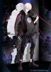1boy :/ alternate_costume aqua_hair arm_at_side baggy_clothes baseball_cap black_background black_hat black_jacket black_shirt black_shoes bracelet chain chain_bracelet copyright_notice expressionless full_body hair_between_eyes hat highres holding holding_unworn_clothes holding_unworn_hat holostars honeycomb_(pattern) hood hood_down hooded_jacket jacket jewelry long_sleeves looking_at_viewer male_focus medium_hair multicolored_hair official_art open_clothes open_jacket pale_skin pink_hair pouch print_shirt ring shirt shoes silhouette sleeves_past_wrists solo streaked_hair thigh_pouch unworn_hat unworn_headwear utsugi_uyu virtual_youtuber white_eyes white_hair yonemuro zipper