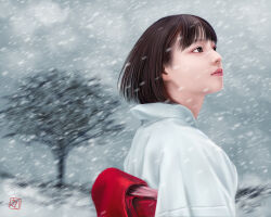 1girl asian blurry blurry_background bob_cut brown_eyes brown_hair commentary_request ebi_(eeotoko) from_side highres japanese_clothes kimono medium_hair original profile realistic signature snow snowing solo tree upper_body