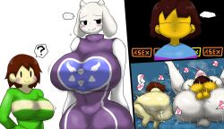 1boy 2girls absurdres after_vaginal ass breasts brown_hair chara_(undertale) clothed_female_nude_male clothed_sex clothes colored_skin cum cum_in_pussy enigi09 frisk_(undertale) heart highres huge_testicles interspecies kiss large_breasts leg_grab leg_up lying lying_on_person mating_press medium_hair multiple_girls nude on_person open_mouth partially_undressed sex size_difference speech_bubble testicles tongue tongue_out toriel undertale vaginal yellow_skin