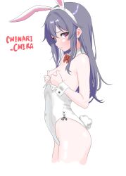 1girl absurdres akatsuki_(kancolle) alternate_costume animal_ear_hairband animal_ears bare_legs bow bowtie breasts character_name chinari_(chinari_chika) covering_breasts covering_privates cowboy_shot detached_collar fake_animal_ears grey_hair hairband heart heart-shaped_pupils highres kantai_collection leotard one-hour_drawing_challenge playboy_bunny purple_eyes rabbit_ears rabbit_tail red_bow red_bowtie small_breasts solo strapless strapless_leotard symbol-shaped_pupils tail white_leotard wrist_cuffs