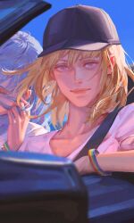 2girls bang_dream! bang_dream!_it&#039;s_mygo!!!!! baseball_cap black_hat blonde_hair blue_hair bracelet car closed_eyes closed_mouth commentary dated english_commentary floating_hair hat highres jewelry long_hair looking_at_viewer medium_hair migaloo misumi_uika motor_vehicle multiple_girls open_mouth purple_eyes rainbow_bracelet shirt short_sleeves togawa_sakiko white_shirt