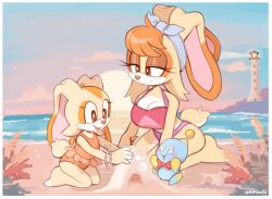 barefoot beach bikini bird bracelet breasts brown_eyes cheese_(sonic) cream_the_rabbit eyelashes frills hair_between_eyes halterneck highres jewelry large_breasts lighthouse mature_female mother_and_daughter narrowed_eyes ocean one-piece_swimsuit rabbit rabbit_ears rabbit_girl rabbit_tail sand sand_castle sand_sculpture seagull sega sidelocks sonic_(series) sunset swimsuit three-toned_fur tied_up_hair two-tone_fur vanilla_the_rabbit very_long_ears waves