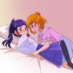 2girls absurdres asahina_mirai between_legs black_pantyhose blue_skirt blush bow bowtie braid commentary_request dutch_angle from_side gradient_background half_up_braid highres hoshizora_koshina izayoi_liko long_hair long_sleeves mahou_girls_precure! multiple_girls on_bed open_mouth pantyhose parted_lips pillow pink_background pink_hair ponytail precure purple_eyes purple_hair purple_skirt red_bow red_bowtie red_eyes shirt short_sleeves skirt smile white_shirt yellow_background yuri
