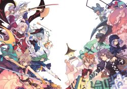 1boy 6+girls anchor anchor_symbol animal_ears aqua_eyes basket belt bishamonten&#039;s_pagoda black_dress black_hair blonde_hair blue_eyes blue_hair blue_headwear blush bracelet brown_hair capelet closed_mouth collared_shirt dress earmuffs folding_fan gradient_hair green_eyes grey_capelet grey_dress grey_hair hair_between_eyes hair_bobbles hair_ornament hair_ribbon hand_fan hat heterochromia highres hijiri_byakuren holding holding_fan holding_sword holding_wand holding_weapon hood hood_up japanese_clothes jewelry karakasa_obake kariginu kumoi_ichirin light_brown_hair long_hair long_sleeves loose_belt mima_(touhou) mononobe_no_futo morino_hon mouse_ears mouse_tail multicolored_hair multiple_girls murasa_minamitsu nazrin neckerchief one_eye_closed one_side_up open_mouth pendant pinafore_dress pointy_hair pom_pom_(clothes) ponytail puffy_short_sleeves puffy_sleeves purple_dress purple_hair purple_skirt red_capelet red_dress red_eyes red_neckerchief ribbon ribbon-trimmed_sleeves ribbon_trim ritual_baton sailor_collar sailor_shirt scroll shinki_(touhou) shirt short_hair short_sleeves simple_background skirt sleeveless sleeveless_dress sleeveless_shirt smile sorcerer&#039;s_sutra_scroll sword tail tatara_kogasa tate_eboshi tongue tongue_out toramaru_shou touhou touhou_(pc-98) toyosatomimi_no_miko two-tone_hair umbrella unzan wand watatsuki_no_toyohime watatsuki_no_yorihime weapon white_background white_dress white_headwear white_shirt wide_sleeves yellow_eyes yellow_ribbon