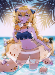 Rule 34 | 1girl, artist name, bikini, blonde hair, blue bikini, braid, breasts, cleavage, cowboy shot, cup, dokibird (vtuber), dokibird (vtuber) (retro doki), dragoon (dokibird), drinking glass, drinking straw, green eyes, highres, holding, holding cup, horizon, indie virtual youtuber, innertube, long hair, looking at viewer, medium breasts, multicolored bikini, navel, ocean, outdoors, palm leaf, renkkai, solo, sunset, swim ring, swimsuit, twin braids, two-tone bikini, virtual youtuber, white bikini
