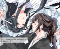 2boys ahoge bishounen black_hair black_hanfu brown_hair chinese_clothes english_text eye_contact flower grey_eyes hair_ribbon hanfu headband highres hyottokoane lan_wangji light_particles long_hair looking_at_another lying male_focus modao_zushi multiple_boys ponytail profile red_ribbon ribbon rotational_symmetry sidelocks smile topknot twitter_username upper_body upside-down water watermark wei_wuxian white_flower white_hanfu white_headband xiao_guan_(headdress) yaoi yellow_eyes