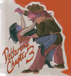 1girl 1other black_shoes blue_skin brown_shoes capelet closed_eyes colored_skin copyright_name cowboy_hat dancing deltarune facing_another gieoki hat highres holding_hands kris_(deltarune) long_sleeves pink_skin red_capelet shoes smile susie_(deltarune)