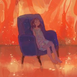 1girl armchair barefoot brown_hair chair child closed_eyes dress embers fire long_hair original qwok32 sitting sleeveless sleeveless_dress smile solo