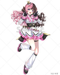1girl belt black_belt black_gloves black_hair black_shoes bow bowtie closed_mouth crown floating_hair full_body gloves highres long_hair long_sleeves looking_at_viewer loose_socks mini_crown multicolored_hair official_art pink_bow pink_bowtie pink_hair puracotte sample_watermark shirt shoes skirt smile socks standing standing_on_one_leg tachibana_hinano thigh_strap two-tone_hair virtual_youtuber vspo! watermark white_shirt white_skirt white_socks