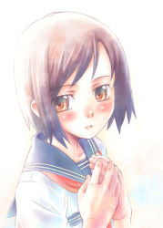 1girl blush female_focus nyaou own_hands_clasped own_hands_together school_uniform serafuku short_hair solo