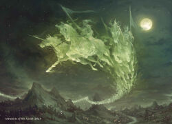 2others absurdres aldo_dominguez animal_skeleton cloud cloudy_sky company_name fantasy flag floating full_moon ghost helm helmet highres holding holding_flag horse horseback_riding magic:_the_gathering moon mountainous_horizon multiple_others night night_sky official_art outdoors path reins riding road scenery skeleton sky spirits star_(sky) starry_sky