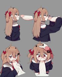 1boy 1girl absurdres ahoge asymmetrical_legwear bandaid blush bow bowtie brown_hair cardigan censored choker clothed_sex ear_piercing erection evil_neuro-sama fellatio hair_ornament hair_ribbon handjob hands_on_another&#039;s_head heart heart_hair_ornament highres horns indie_virtual_youtuber irrumatio kissing_penis kneeling large_penis loli mismatched_legwear mosaic_censoring neuro-sama oral otjareniy penis penis_shadow piercing red_eyes ribbon sailor_collar school_uniform serafuku skirt skull_hair_ornament thighhighs virtual_youtuber