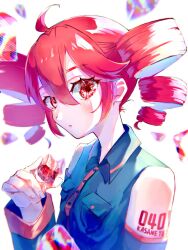 Rule 34 | 1girl, ahoge, bethifi, black sleeves, blush, buttons, closed mouth, collared shirt, detached sleeves, drill hair, fingernails, flat chest, from side, gem, hair between eyes, highres, holding, holding gem, kasane teto, kasane teto (utau), long hair, looking at viewer, looking to the side, number tattoo, red eyes, red gemstone, red hair, red tattoo, shirt, shoulder tattoo, simple background, sleeveless, sleeveless shirt, solo, tattoo, twin drills, upper body, utau, white background, wing collar