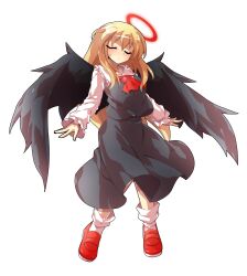 1girl aged_up alternate_breast_size alternate_hair_length alternate_hairstyle ascot black_dress black_skirt black_wings blonde_hair blush breasts closed_eyes closed_mouth commentary_request commission dairi dress ex-rumia full_body halo highres large_variant_set long_hair long_sleeves red_ascot red_halo red_shoes rumia shirt shoes skeb_commission skirt socks solo sweatdrop touhou transparent_background v-shaped_eyebrows variant_set vest white_socks wings
