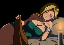 1girl aqua_dress armlet bianca_(dq5) black_background blonde_hair blue_eyes blush bracelet braid breasts candle choker cleavage closed_mouth collarbone commentary_request dragon_quest dragon_quest_v dress highres jewelry large_breasts lifting_own_clothes looking_at_viewer lying on_bed on_side orange_sash side_part silver_armlet silver_bracelet silver_choker single_braid smile strapless strapless_dress yuuyuu_(3jjbn)