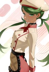 1girl absurdres apron artist_name ascot black_choker breasts choker commentary dark-skinned_female dark_skin english_commentary green_eyes green_hair grin hat highres jacket long_hair looking_at_viewer low_twintails mallow_(palentine&#039;s_2023)_(pokemon) mallow_(pokemon) nintendo no_pants official_alternate_costume otokakoto pokemon pokemon_masters_ex red_ascot small_breasts smile solo twintails very_long_hair