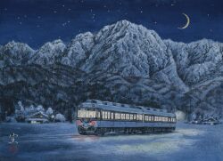 absurdres building crescent_moon highres house moon mountain night night_sky no_humans original outdoors pantograph railroad_tracks scenery shadow sky star_(sky) starry_sky tanamachi_yoshihiro toyama_prefecture train tree