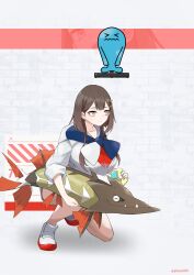 1girl 2others :&lt; absurdres artist_name barraskewda blank_eyes breasts brown_hair character_name exercising expressionless fake_screenshot fish gameplay_mechanics gen_2_pokemon gen_8_pokemon glassy0302 goddess_of_victory:_nikke grey_eyes hair_intakes highres holding holding_polearm holding_weapon kuraishi_rinngo large_breasts multiple_others nintendo open_mouth original parody pokemon pokemon_(creature) polearm potion_(pokemon) shirt simple_background squatting standing surprised training twitter_username weapon white_background white_eyes white_shirt wobbuffet