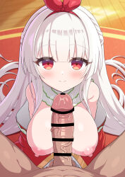 Rule 34 | 1boy, 1girl, bar censor, bow hairband, breasts, breasts out, censored, closed mouth, commentary request, commission, flower knight girl, hairband, hetero, highres, japanese clothes, kimono, large breasts, large variant set, long hair, looking at viewer, mumyou ishi, nipples, penis, pov, pov crotch, red eyes, red hairband, red kimono, redbud hazel (flower knight girl), skeb commission, smile, solo focus, testicles, textless version, variant set, veins, veiny penis, very long hair, white hair