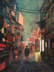 1other black_dress blue_sky blurry building city clothesline depth_of_field dkaism dress entrance field from_behind full_body hat original painterly road scenery sign sky solo standing street