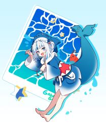 1girl animal_hood barefoot blue_eyes claw_pose feet gawr_gura highres hololive hood ideolo shark_girl shark_hood virtual_youtuber