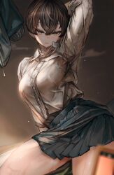 1girl absurdres arm_behind_head blurry blurry_foreground breasts brown_eyes brown_hair closed_mouth clothes_lift collared_shirt commentary_request dark feet_out_of_frame green_skirt hair_between_eyes highres large_breasts light_particles long_sleeves looking_at_viewer original pixie_cut school_uniform shadow shirt short_hair sitting skirt smile soleil_(soleilmtfbwy03) solo sunlight sweat thick_thighs thigh_strap thighs tomboy very_short_hair white_shirt yokozuwari