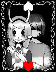 1girl 1other absurdres animal_ears antlers blood checkered_clothes checkered_sweater_vest checkered_vest deer_antlers deer_ears deer_girl deltarune furry furry_female highres horns kris_(deltarune) long_hair long_sleeves noelle_holiday reindeer_girl shirt short_hair smile teeth thorn_ring_(deltarune) two-tone_sweater_vest vest weird_route_(deltarune) worldwideorganic