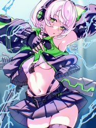 1girl anby_demara arm_up armpits bare_shoulders black_choker black_gloves black_jacket black_skirt black_thighhighs braid breasts choker cowboy_shot crop_top dazed_pedler detached_sleeves fingerless_gloves gloves green_eyes green_jacket headphones highres jacket looking_at_viewer midriff miniskirt multicolored_jacket navel panty_straps parted_lips pleated_skirt short_hair single_braid skirt solo standing stomach thighhighs thighs two-tone_jacket underboob white_hair zenless_zone_zero