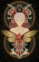 absurdres body_horror bug cuntboy guro heart_(organ) highres hikaru_(hikaru_ga_shinda_natsu) hikaru_ga_shinda_natsu horror_(theme) insect insect_wings looking_at_viewer monster_boy moth moth_wings pussy ribs short_hair solo uterus veins very_short_hair white_hair wings yafriendlyhuman
