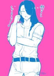 1boy :d ^_^ androgynous artist_name baseball_jersey baseball_uniform belt bishounen braid closed_eyes commentary_request cowboy_shot hair_over_one_eye hand_on_own_arm hand_up heart highres jersey kukuichi limited_palette long_hair male_focus open_mouth pants purple_background shirt_tucked_in short_sleeves side_braid simple_background single_braid smile solo sportswear standing strikeout_pitch translation_request tsuyuki_rin