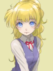 1girl anne_hopkins blonde_hair blouse blue_eyes jewelry lip_gloss long_eyelashes looking_at_viewer mayan_someya necklace onegai!_samia_don ponytail school_uniform serious shirt vest
