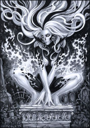 1girl artist_name black_hair bodysuit candra colored_skin dc_comics earrings female_focus fire gloves jewelry leaf long_hair monochrome multicolored_hair silver_banshee solo tombstone toon_(style) tree two-tone_hair white_eyes white_hair white_skin