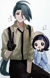 Rule 34 | 2girls, ahoge, ayago 8, black gloves, black hair, black necktie, black pants, blue dress, blue hair, collared shirt, commentary request, dress, gloves, grey background, hair between eyes, hair over one eye, hat, highres, long hair, long sleeves, looking at viewer, multiple girls, necktie, nintendo, pants, pokemon, pokemon sv, poppy (pokemon), rika (pokemon), shirt, simple background, suspenders, translation request, v, very long hair, yellow shirt