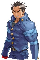 Rule 34 | 1boy, absurdres, belt, blue pants, cropped legs, doppelganger, edaki shin&#039;ya, forked eyebrows, gakuran, game cg, gloves, grin, highres, justice gakuen, kirishima kurou, leg wrap, looking to the side, male focus, moero! justice gakuen, multicolored hair, non-web source, official art, pants, red gloves, scar, scar on face, scar on forehead, school uniform, simple background, smile, solo, standing, teeth, two-tone hair, vatsu, white background