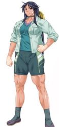 Rule 34 | 1girl, bandaid, bandaid on face, bike shorts, black hair, breasts, brown eyes, censored, complets, hard hat, construction worker, gloves tan, large breasts, long hair, long sleeves, muscular, muscular female, open clothes, open shirt, sarita noriko, shirt, shoes, socks, tan, tanline, the guts! -maximum maternity-, under shirt