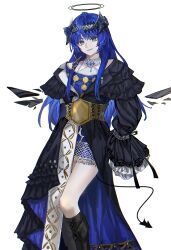 Rule 34 | absurdres, ahoge, ambience synesthesia, aqua eyes, arknights, arknights yuu12, black boots, black dress, black horns, black ribbon, black tail, black wings, blue dress, blue eyes, boots, brown corset, closed mouth, collar, contrapposto, corset, demon horns, demon tail, detached collar, dress, energy wings, feet out of frame, frilled dress, frilled sleeves, frills, hair ornament, hairclip, highres, horns, knee boots, layered dress, light smile, long dress, long hair, long sidelocks, long sleeves, looking at viewer, mostima (arknights), mostima (ethereal harmony) (arknights), official alternate costume, parted bangs, puffy sleeves, ribbon, sidelocks, sleeve ribbon, standing, tail, thighs, two-sided dress, two-sided fabric, two-tone dress, white collar, wide sleeves, wings